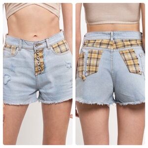 🆕 POL - Denim Shorts - Plaid Detail - 5 button closure - 100% COTTON - NIB